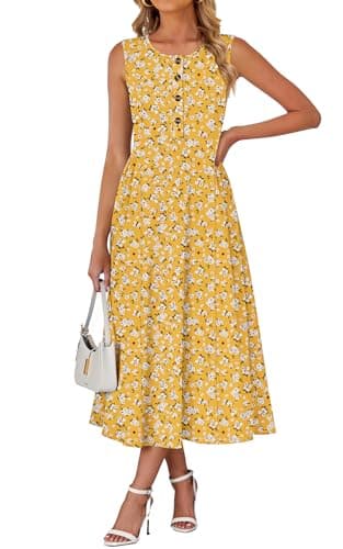MISFAY Women Summer Casual Sleeveless V Neck Long Dresses Button Down Sundress Beach Vacation with Pockets Travel Outfits(Floral Yellow,XL) - Image 1