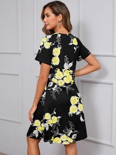 Heymoments Women's Short Sleeve Dress Floral Print Small Round Neck Casual Flowy Midi Sundress Comfy Tshirt Ladies Teachers Summer Beach Swing 2025 Novelty Boho Dresses with Pockets - Thumbnail 5
