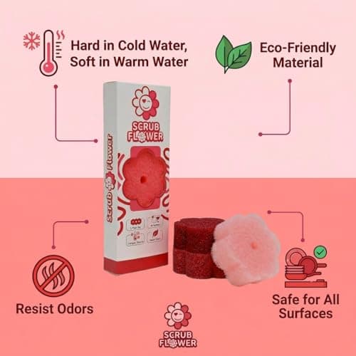 Scrub Flower Temperature Sensitive Sponges -Non-Scratch Scrubbers for Kitchen & Home - Firm in Cold & Soft in Warm Water - Odor Resistant Color-Coded Dish Sponges (Wild Poppy, 3 Count) - Thumbnail 4