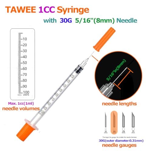 TAWEE 1CC Syringes with 30G 5/16" (8mm Long) Needle, U-100 Disposable Sample Syringe with Triple-Bevel Cut Needle Tip 1ml Lab Syringe 14 Pack - Thumbnail 3