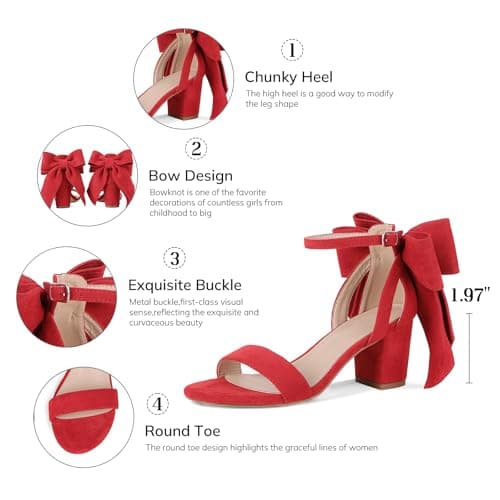 Yremael Women's Heeled Sandals Red Bow Round Open Toe Buckle Chunky Block Heel Comfortable Wedding Dress Shoes - Thumbnail 4