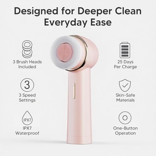 Teen Girls Electric Facial Cleansing Brush – Rechargeable Waterproof Dual Rotating Face Scrubber with 3 Interchangeable Heads, Soft Silicone Exfoliator, Perfect Skincare Gifts - Thumbnail 2