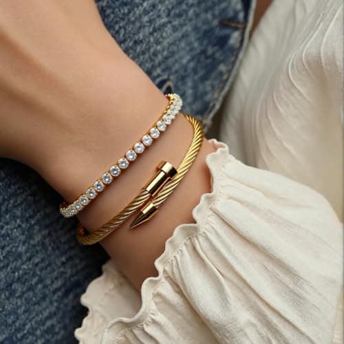 LCTrusttmor Gahna 18K Gold Plated Bangle Bracelet for Women, Non-Tarnish Stackable Nail Hand Chain Set, Dainty Adjustable Tennis Cubic Zirconia Bracelets for Women, Trendy Jewelry Mother's Day Birthday Gifts for Lover Mom Her - Thumbnail 3