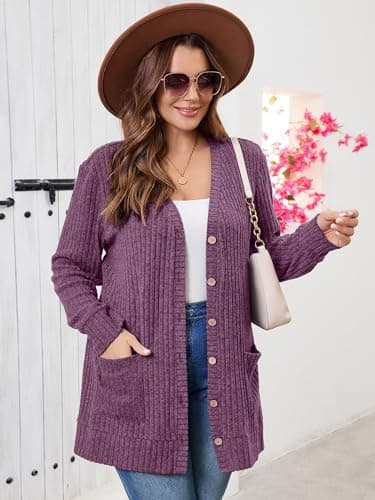 AusLook Plus Size Women Long Sleeve Cardigan Purple 5X Open Front Button Down Lightweight Casual Sweater Cover Ups Shrugs Shawls and Wraps Kimono Jacket Coat with Pockets - Thumbnail 5
