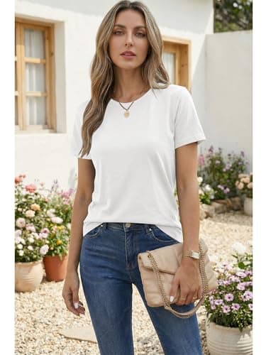 Women's T Shirt Cotton T-Shirts Short Sleeve Crewneck Basic Solid Color Tee Loose Fit Shirts Breathable Comfy Summer Tops for Women 2026 White - Thumbnail 2