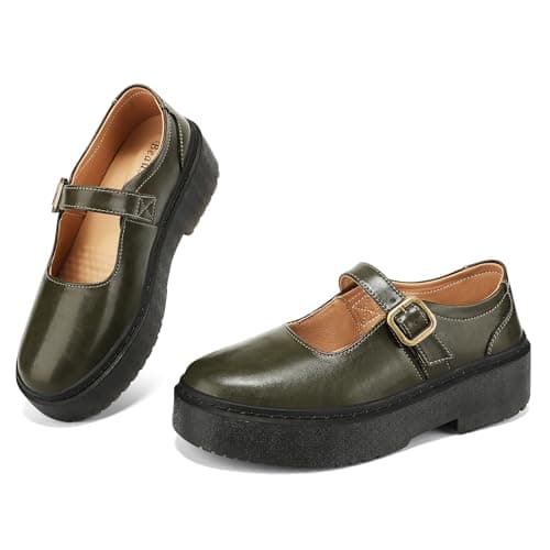 BEAUSEEN Women's Mary Jane Shoes with Platform Sole - Comfort Round Toe Strap Ballet Flats for Women - Chunky Heel Dress Flats Olive,11 US - Image 1