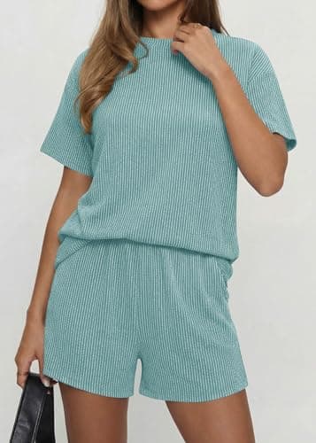 KIRUNDO Two Piece Sets for Women Dressy Casual Ribbed Knit Short Sleeve Top Matching Shorts Lounge Set 2026 Summer Outfits(Light Green, Small) - Thumbnail 4