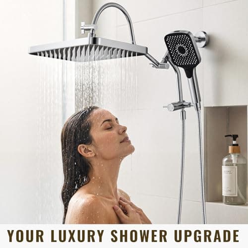 13 Inch Rainfall Shower Head with Multi-Function Handheld Sprayer Combo, 3-Way Metal Extended Diverter with Holder and Metal Adjustable Curved Shower Extension Arm, Extra Long Hose Chrome - Thumbnail 6