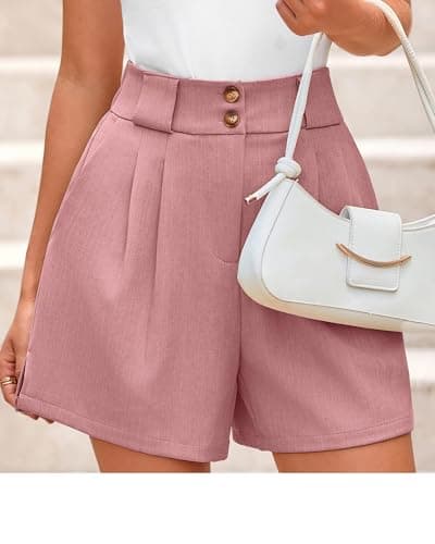 KIRUNDO Womens Shorts Dressy Casual 2026 Trendy Summer Elastic High Waisted Pleated Side Slit Business Work Shorts Pockets(Pink, Large) - Thumbnail 3