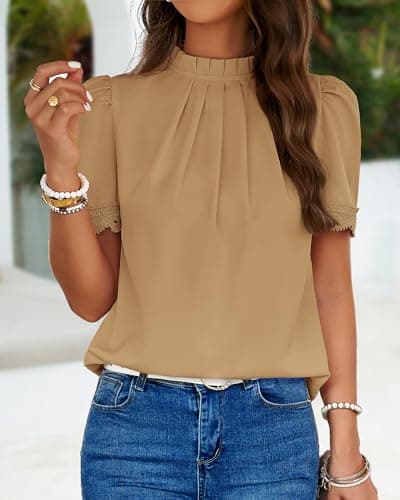 BTFBM Women Blouses Dressy Casual 2026 Summer Tops High Neck Lace Trim Short Sleeve Business Work Shirts Spring Clothes(Light Khaki, XX-Large) - Thumbnail 2