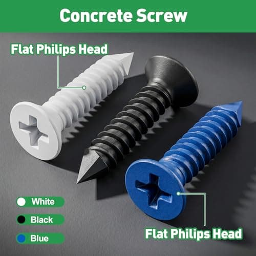 FOLIV 120PCS Concrete Screws with Drill Bit and Hex Bit Socket, 3/16" Blue/Black/White Flat Head Concrete Screws Anchor Kit for Masonry, Cement, Block, Brick or Stucco - Thumbnail 2