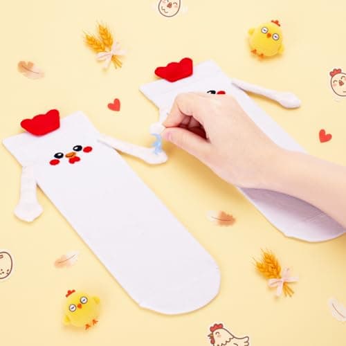 FunisFun Chicken Socks with Magnetic Holding Hands Funny Animal Crazy Socks for Women Ideal Gifts for Girls Teens (US, Alpha, One Size, Regular, Regular, White&Red) - Thumbnail 2