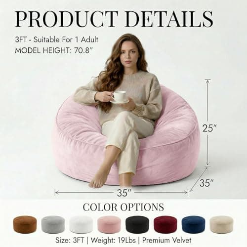 Bean Bag Chair for Adults & Teens, 3ft Large BeanBag Chairs with Memory Foam Fillings, Bean Bag with Ultra Soft Faux Fur Fabric Washable, Lazy Sofa for Gameroom Living Room Bedroom,Pink(35"x 35"x 25") - Thumbnail 3