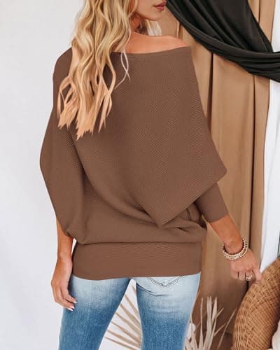 Zenlonr Women's Fall Sweaters 2026 Casual Long Batwing Sleeve Loose Off Shoulder Knit Pullovers Jumper Tops(Brown,X-Large) - Thumbnail 5