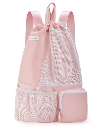 BAVELOE Swim Bag with Wet Pocket, Mesh Drawstring Backpack for Beach, Swimming, Snorkeling, Pool, Gym for Women Men(Pink)