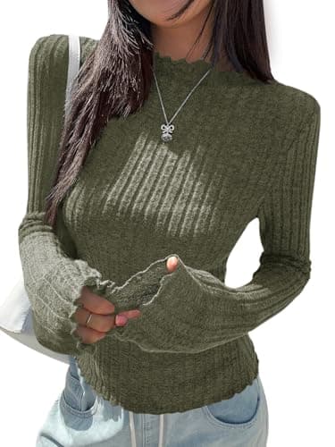 PRETTYGARDEN Mock Neck Slim Fitted Womens Fall Shirts Knit Lightweight Cute Sweaters Long Sleeve Tops for Women Basic T Shirt (Army Green, X-Large) - Image 1