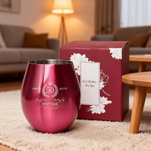 TJ 50th Birthday Gifts for Her Vintage Engraved Wine Glass - 50th Birthday Stainless Steel Stemless Wine Glass Birthday Decoration, 50 Year Old Birthday Gift for Women Men Wife Friend Sister, Hot Pink - Thumbnail 5