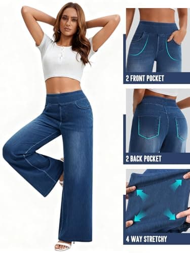 JEAVIA Women's Wide Leg Jeans High Waisted Pull On Baggy Jeans Stretchy Elastic Waist Sweatpant Trendy Loose Denim Pants Blue - Thumbnail 3
