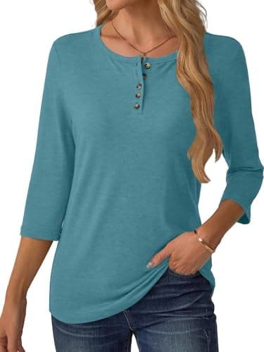 GKBK 3/4 Sleeve Womens Tops Fall Clothes Henley Casual Spring Summer Lightweight Basic Tunic Shirts Teal - Thumbnail 6