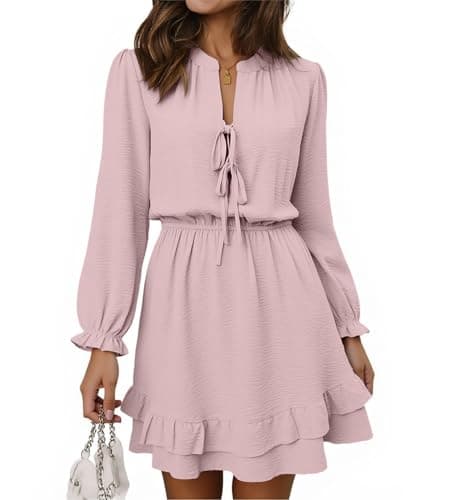 Angashion Women's Self Tie Front Mini Dress: Long Sleeve V Neck Elastic Waistband Layer Ruffle Hem Dress with Pockets Pink Medium - Image 1