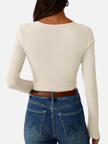 GKBK Ribbed Long Sleeve Tops for Women Henley Button Up Slim Fitted Tight Basic Tee Tshirts Cute Spring Fall Tops Blouse 2025 Trendy Outfits Beige XXL - Thumbnail 5