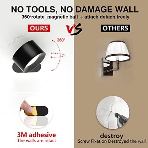 Deyagoo LED Wall Sconce, Wall Mounted Lamp with Rechargeable Battery Operated USB Port 3 Color Temperature & 3 Brightness Level 360°Rotate Magnetic Ball, Cordless Light for Reading Study Bedside - Thumbnail 5