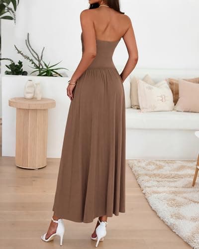 BTFBM Summer Maxi Dresses for Women 2026 Strapless Ruched Tube Top Beach Vacation Spring Wedding Guest Dress Pockets(Light Brown, Large) - Thumbnail 3