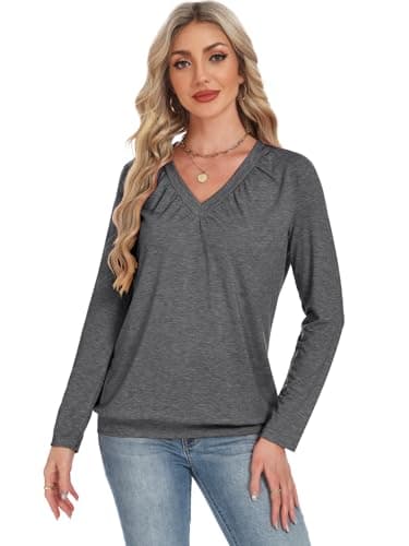 Long Sleeve Shirts for Women V Neck Casual Tops Women Long Sleeve Tops Basic T Shirts Outfits Womens Clothes 2025 (US, Alpha, Small, Regular, Regular, Dark Gray) - Thumbnail 3