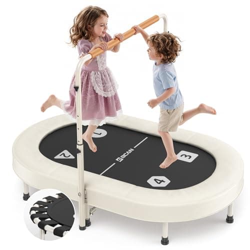 BCAN 56IN 2-Person Kids Trampoline, Safe-Elastic Band Foldable Frame Trampoline for Kids 1-8, ASTM Certified-Toddler Trampoline with Adjustable Stable Handlebar&Thickened Cover,Max Load 220lbs-White - Image 1
