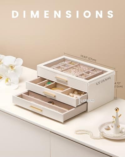 Lolalet Jewelry Box Organizer, 3-Layer Jewelry Organizers and Storage Case with Glass Lid, Ring Earring Bracelet Necklace Holder Organizer, Mothers Day Gifts for Mom, Women Girls -3Layer, Beige - Thumbnail 5