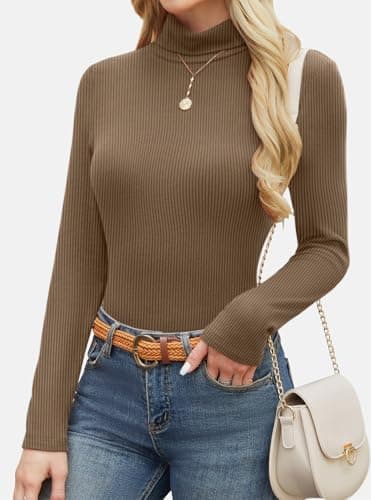 GKBK Womens Turtleneck Long Sleeve Tops Ribbed Basic Tshirts Thermal Underwear Warm Lightweight Fall Sweaters 2025 Fashion Outfits Winter Clothes Brown - Thumbnail 5