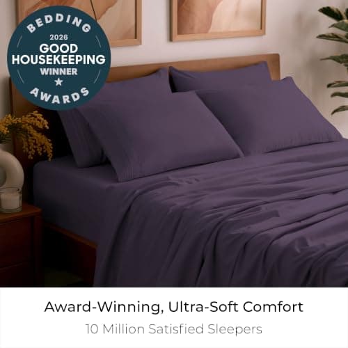 Mellanni California King Sheet Set - 6-Piece Iconic Collection Bedding, (Including 4 Pillowcases), 16-Inch Deep Pocket, Easy Care, Extra Soft, Cooling Sheets, Brushed Microfiber - Purple - Thumbnail 2