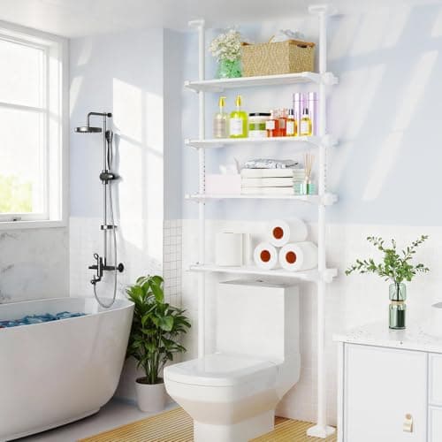 SUNALLY Over The Toilet Storage Shelf, 4-Tier Adjustable Over Toilet Bathroom Organizer,Tension-Mounted Bathroom Storage Rack for Ceilings, No Drill Space-Saving Shelving for Small Rooms,White - Image 1