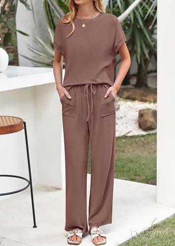 KIRUNDO 2 Piece Sets for Women Dressy Casual Ribbed Knit Short Sleeve Tops Wide Leg Pants Lounge Set Travel Airport Outfits(Brown, Large) - Thumbnail 5