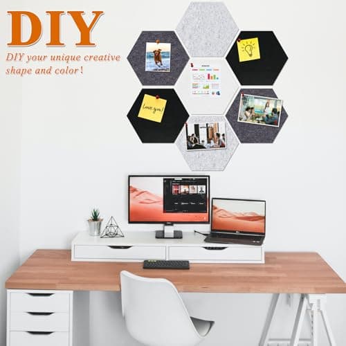 HULAVO Large Hexagon Felt Cork Board Tiles, Self Adhesive DIY Felt Bulletin Board Pin Board with 35 Pushpins for Office School Home Wall Decor(Black+Deep Grey+Light Grey) - Thumbnail 3
