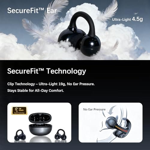 Open Ear M30 Earbuds, Bluetooth 6.0 Wireless Ultra Audio, ENC AI Air Conduction Headphones, 60H Playtime, Stereo Sound, Touch Control, Premium Clip-On Open-Ear Earphones for Office & Daily Use, Black - Thumbnail 3