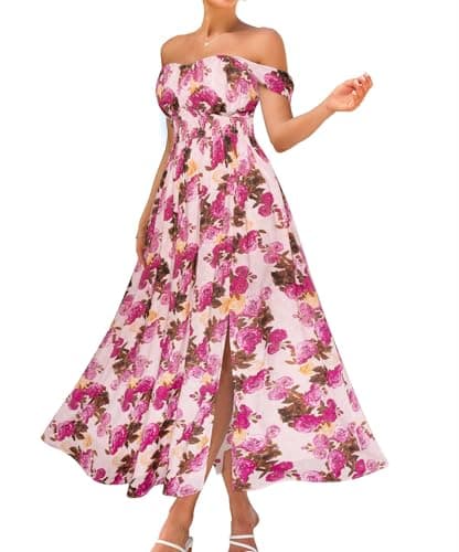 GRACE KARIN Summer Floral Dress for Women 2026,Off the Shoulder Smocked Bridesmaid Dresses,Formal Baby Shower Maxi Dresses Apricot Purple L - Image 1