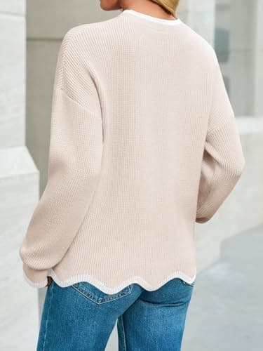 Saodimallsu Womens Sweaters Apricot Contrast Color Crewneck Pullover with Wave Hem Long Sleeve Jumper Trendy 2025 - Thumbnail 4