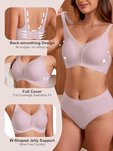 COCOMARTS Jelly Bras for Women No Underwire Push Up Deep V Mesh Comfort T Shirt Bralette Wireless Seamless Everyday Bra Pink XX-Large - Thumbnail 2