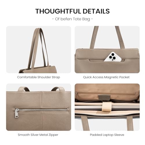 befen Genuine Leather Tote Bag for Women Work,Leather Tote Bag,Large Women's Zippered Shoulder Bags Purses Satchel Handbags with Top Handles Work Purse for Daily Travel,Taupe - Thumbnail 6