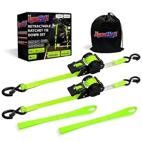 Retractable Ratchet Straps (2-Pack) - Heavy Duty Auto Slow Retraction Tie Down Straps - 1 Inch x 13 Feet (1,800lb Break Strength) for Truck, Cargo Trailer, Motorcycle, ATV, UTV - Green