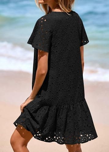 KIRUNDO Eyelet Dresses for Women 2026 Spring Summer Short Sleeve Button Down Loose Mini Babydoll Dress Beach Vacation Clothes(Black, Small) - Thumbnail 2