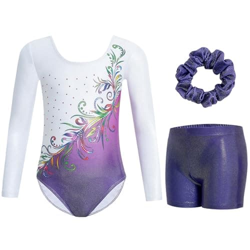 Gogokids Gymnastics Leotards for Girls Long Sleeve Sparkly Rhinestone Dance Unitard with Shorts & Scrunchie Activewear, B-white/Purple, 3-4T, 100 - Image 1