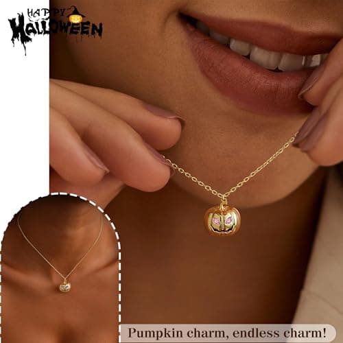 Halloween Pumpkin Necklace, Halloween Necklace September Birthday Gifts Sapphire Birthstone Necklaces for Women Trendy Adjustable 14k Plated No Tarnish Gold Pumpkin Necklaces - Thumbnail 6
