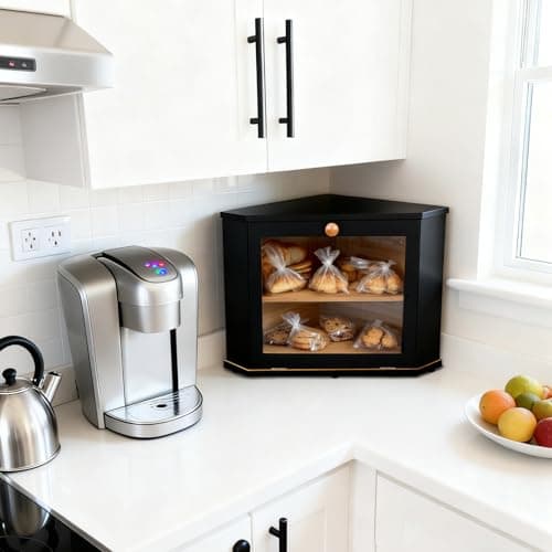 Bamboo Corner Bread Box for Kitchen Countertop - Double Layer Bread Storage with Clear Window, Black Wooden Bread Keeper Organizer for Homemade Bread, Under Cabinet Mount, Fits Countertop & Pantry - Thumbnail 2
