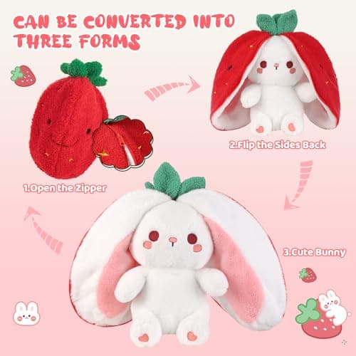 Emoin Soft Reversible Bunny Stuffed Animal, 10-Inch Cute Strawberry-to-Bunny Transformed Plush Toy with Zipper, Easter Strawberry Bunny Plush for Kids Adults Birthday & Sweet Valentine’s Day Gifts - Thumbnail 2