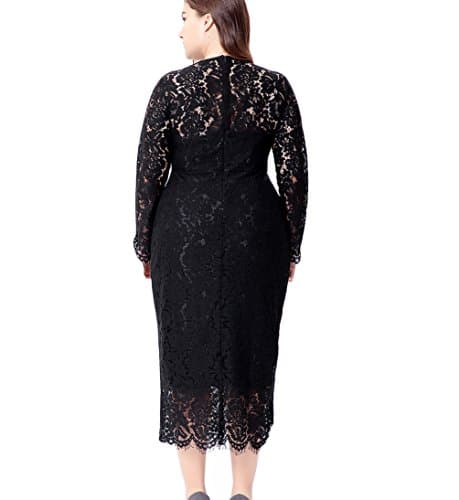 Eternatastic Women's Floral Lace Long Sleeve Plus Size Lace Dress Black XL - Thumbnail 2