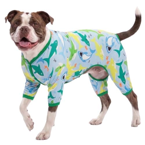 LovinPet Surgical Recovery Shirt for Large Dogs, Undershirt for Dog Coats, Lightweight Stretchy Knit Dog Onesie, Big Bites Turquoise Print, Pitbull Shirt, UV Protection,Stop Shedding for Dogs, 3XL - Image 1