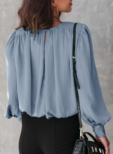 Dokotoo Womens Ladies Spring Long Sleeve Tunic Tops and Blouses for Women 2026 Summer Fashion Crewneck Padded Shoulder Casual Loose Fitting Trendy Dressy Work Shirts Blue X-Large - Thumbnail 4