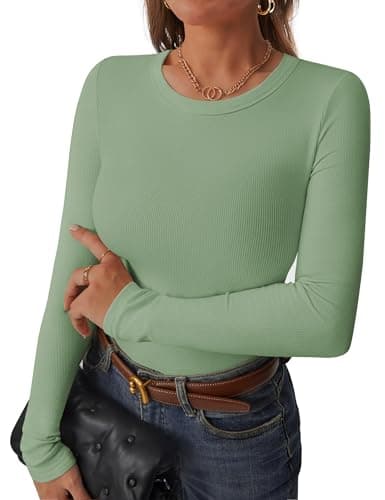 C.O.Z.Y Womens Long Sleeve Shirts Ribbed Crewneck Slim Fit Tops Casual Layering Basic Tee T-Shirt Trendy Outfits LightGreen - Thumbnail 2